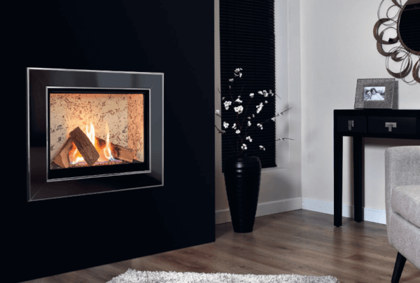 Stunning Celena natural gas fire, with delux interior. Inset wall mounted with sleek black and chrome trim