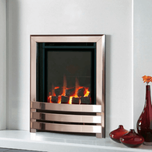 The Delamere HE glass fronted mid depth gas fire pictured with flaming coal bed, black interior and chrome trim