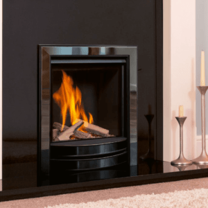 Desire gas fire with the authentic look and feel of a natural log fire. This stunning fire is further complemented with a one-piece Desire Signature fascia in Black Nickel & Black
