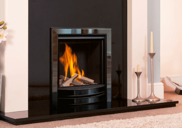 Desire gas fire with the authentic look and feel of a natural log fire. This stunning fire is further complemented with a one-piece Desire Signature fascia in Black Nickel & Black