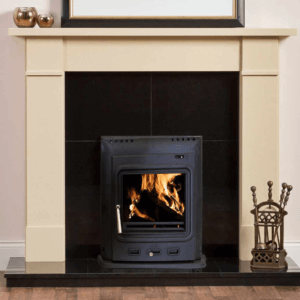 HD 5i Insert Stove, black stove in black insert and cream fireplace, Elegant Fires