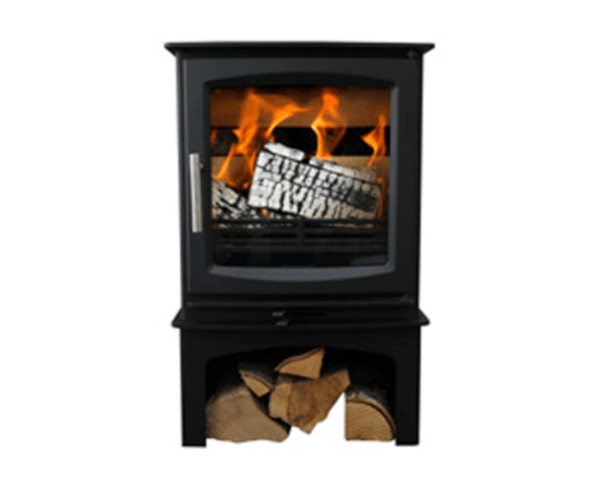 Elegant Fires Mazona Newport 5 with Log Store, black stove with chrome handle and flames inside, stored logs beneath