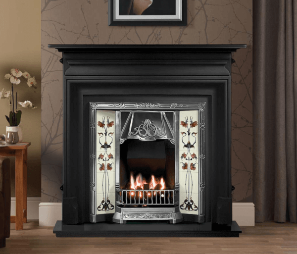 Elegant Fires, Gallery Collection Palmerston 54" Black Surround pictured with ornate tiled insert and silver fret