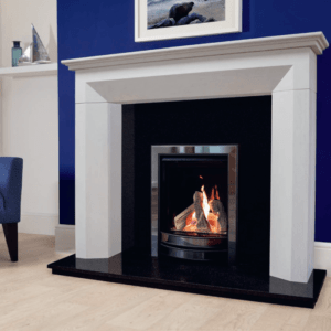 Stunning Passion HE gas fire with glossy black enamel interior set into white fireplace surround with chrome trim and black enamel surround
