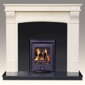 Phoenix Ruby 5kW Stove, black Phoenix stove with black insert and white fireplace surround, Elegant Fires
