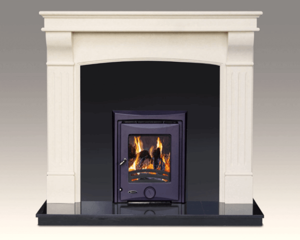 Phoenix Ruby 5kW Stove, black Phoenix stove with black insert and white fireplace surround, Elegant Fires
