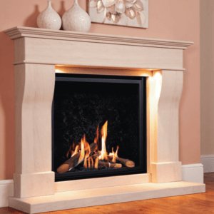The Da Vinci mid-depth gas fire pictured in a stunning limestone suite set against a black & onyx grey deluxe glass interior