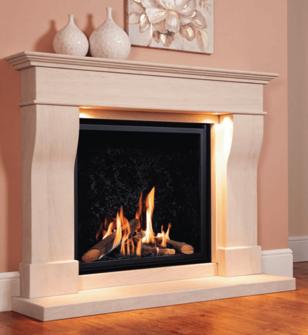 The Da Vinci mid-depth gas fire pictured in a stunning limestone suite set against a black & onyx grey deluxe glass interior