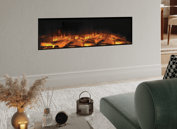 Stunning Volante 1250 electric fire with rotisserie flame effect, built in to an elegant white feature wall
