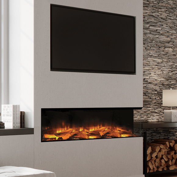 Contemporary Volante 1500 electric fire, set in a three sided configuration in an elegant white feature wall, pictured with matching logstore